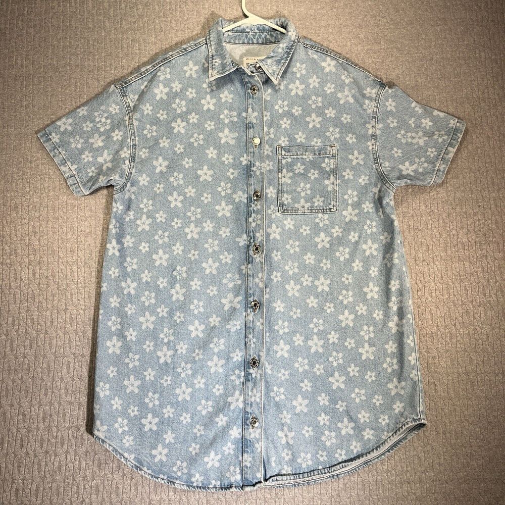 Women's size‎ (14) blue Jean Denim Flower Print summer grunge Short Sleeve shirt